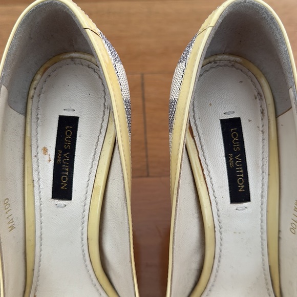 LOUIS VUITTON Beige Damier Azur Canvas With Patent Leather Peep Toe Pumps - Picture 3 of 9